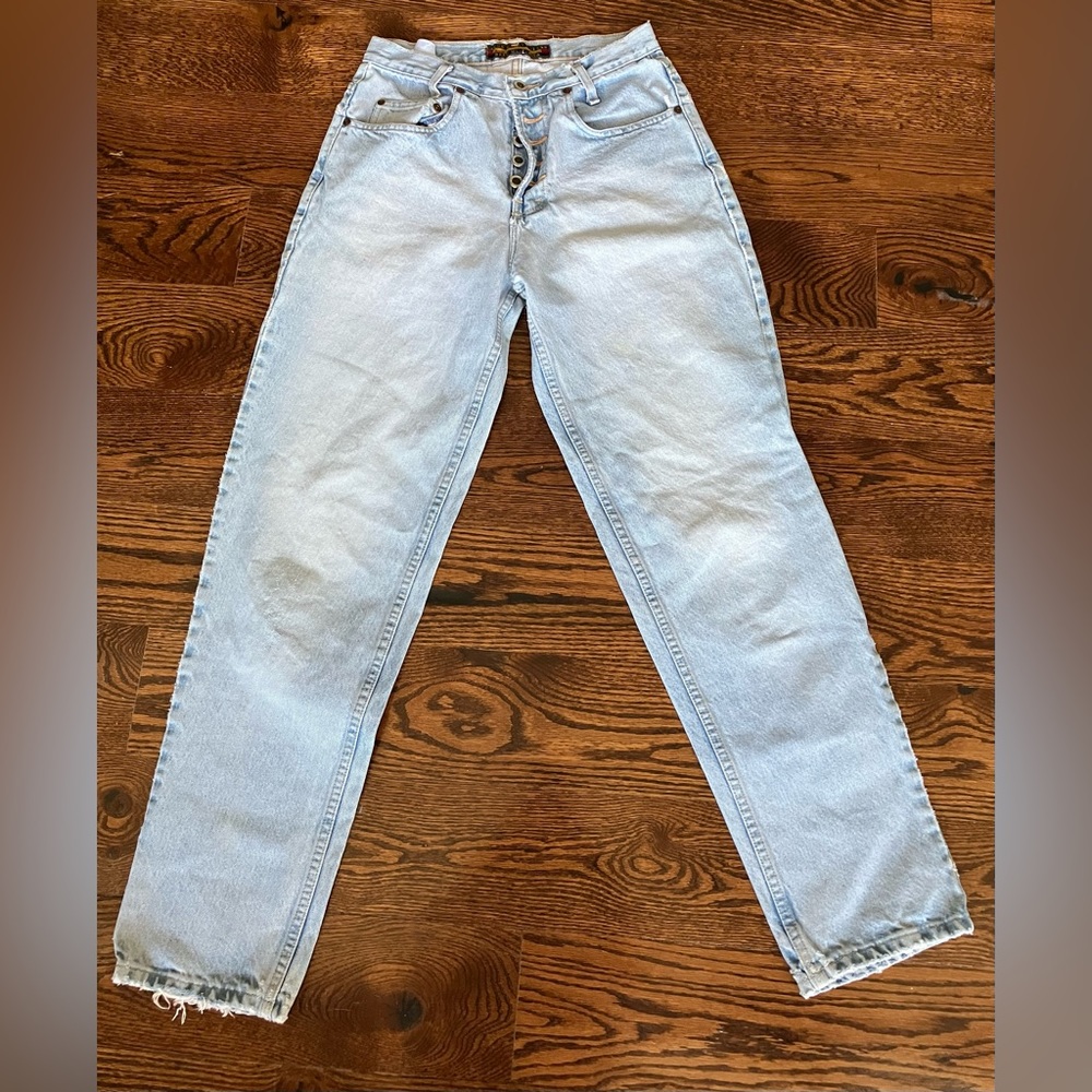 Vintage IKEDA Utility Mom Jeans Womens Blue Denim Basic High Waist Taper 28x31